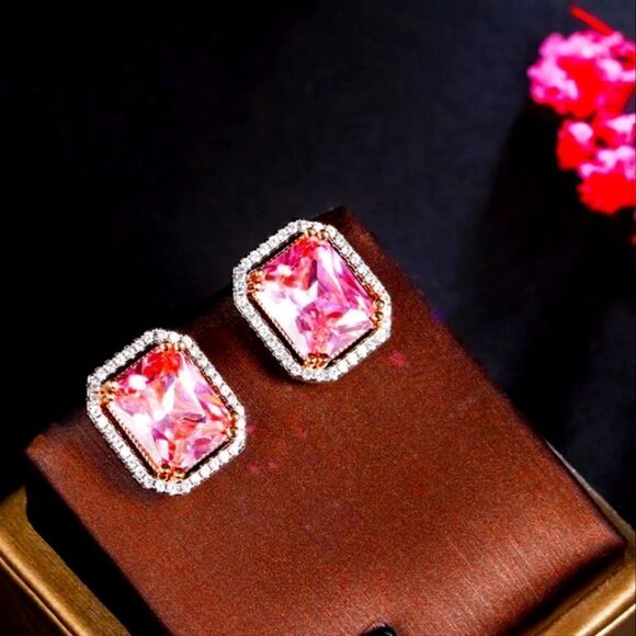 Women's Pink Sapphire Stud Earrings Surrounded by White Topaz 925 Silver - Picture 4 of 5